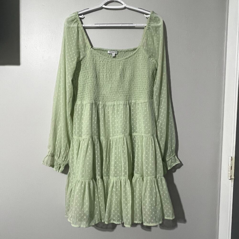 Patrons of Peace Green Mini Dress Large Smocked Tiered Cottagecore
